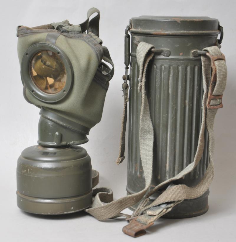 WW2 German Named Kriegsmarine M38 Communications Gas Mask With Kriegsmarine Marked Canister , Cleaning Cloth & Spring