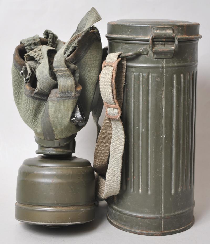 WW2 German Named Kriegsmarine M38 Communications Gas Mask With Kriegsmarine Marked Canister , Cleaning Cloth & Spring