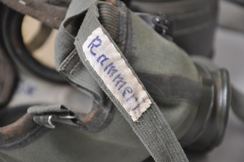 WW2 German Named Kriegsmarine M38 Communications Gas Mask With Kriegsmarine Marked Canister , Cleaning Cloth & Spring