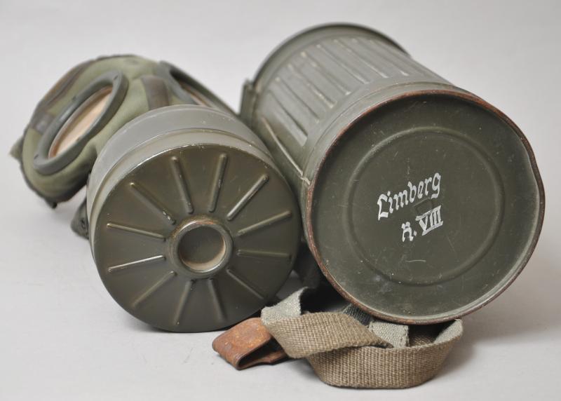 WW2 German Named Kriegsmarine M38 Communications Gas Mask With Kriegsmarine Marked Canister , Cleaning Cloth & Spring