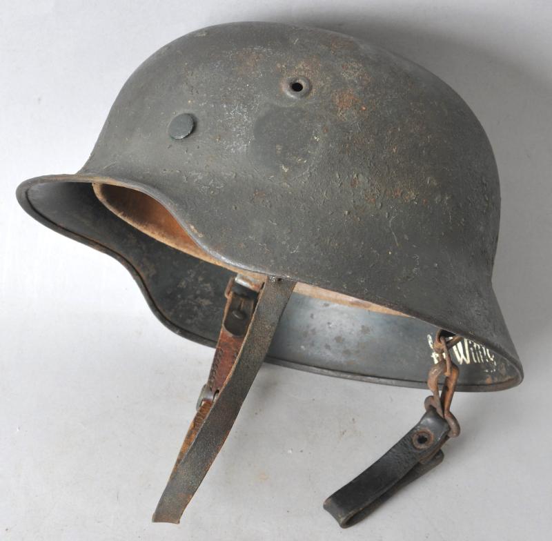 WW2 German Grey Woodchip Camouflage M40 Named Helmet With Field Made Belt Hanger