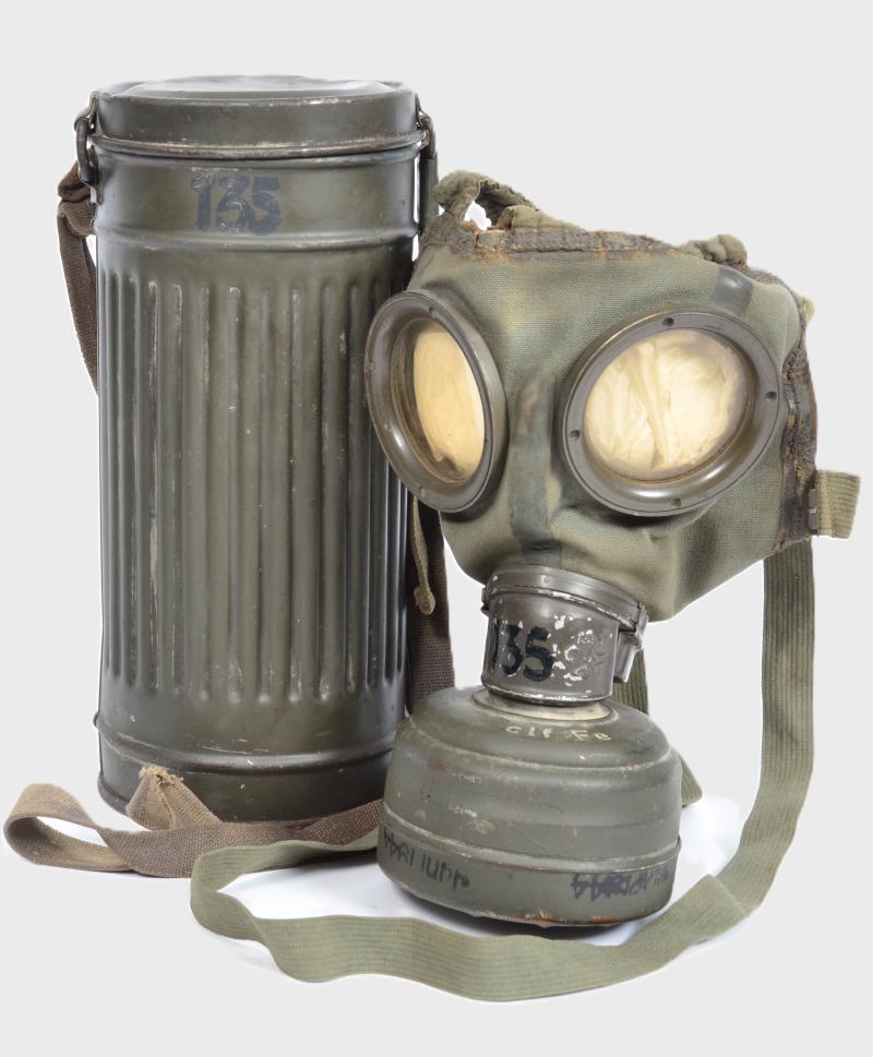 WW2 German Matching Numbers Gas Mask Set with June 1944 Dated Filter